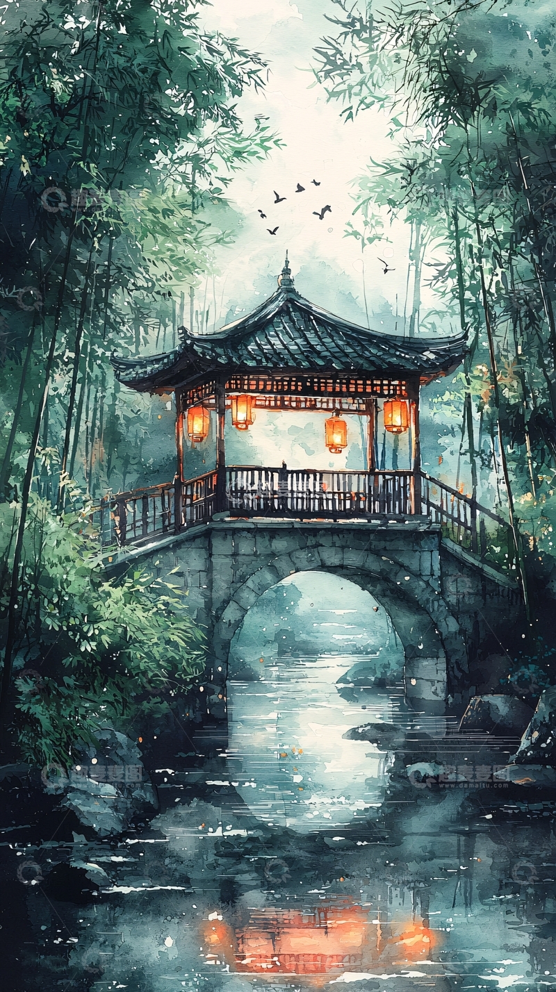 高清大图下载【趣麦麦图】水墨风亭台楼阁风景