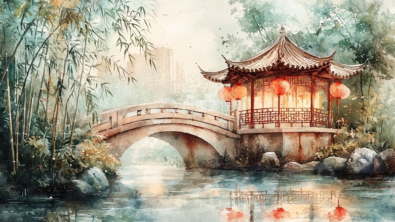高清大图下载【趣麦麦图】水墨风亭台楼阁桥梁