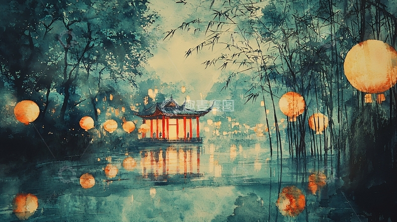 高清大图下载【趣麦麦图】水墨风亭台楼阁灯笼