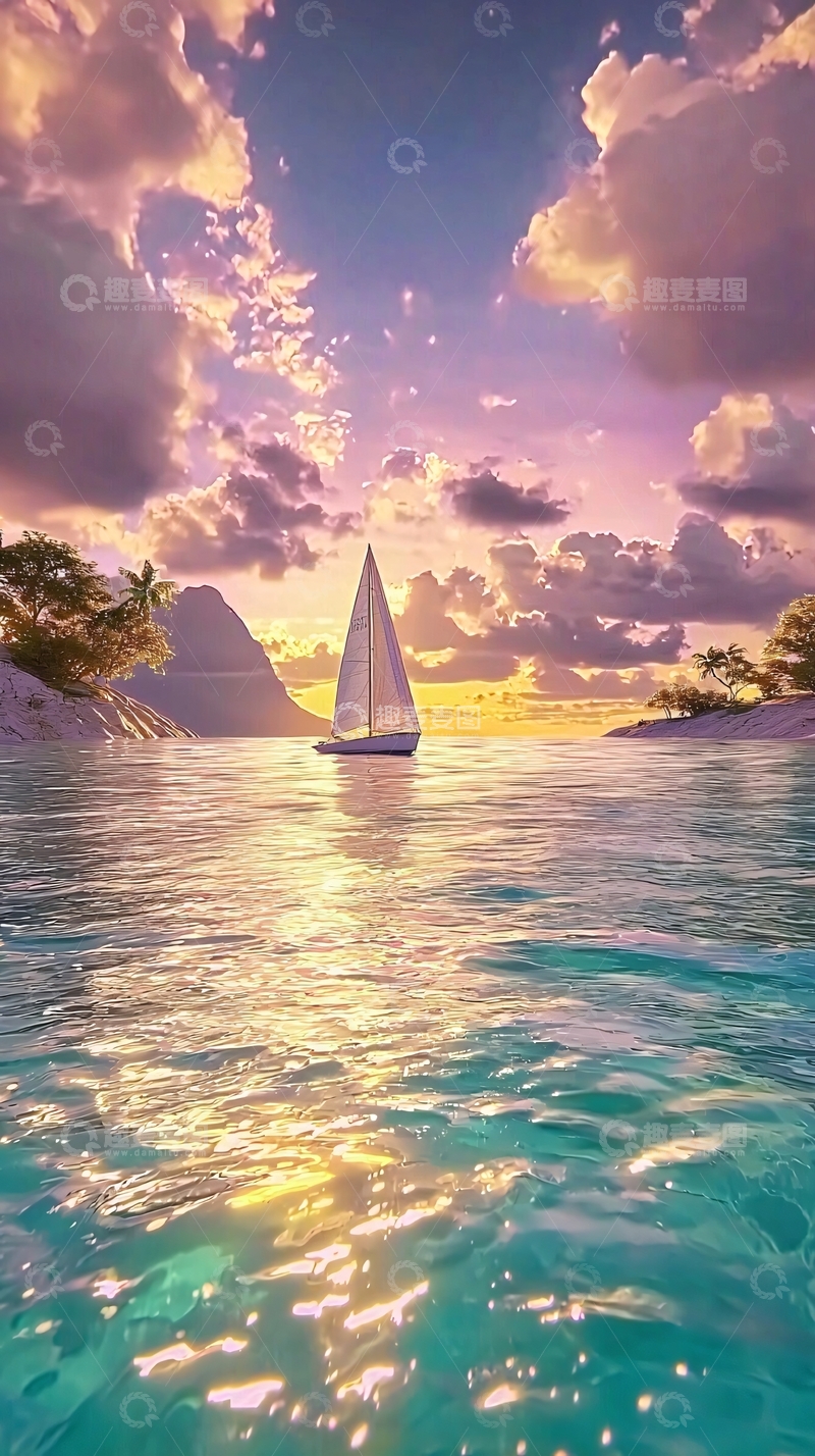 高清大图下载【趣麦麦图】夕阳西下帆船海景