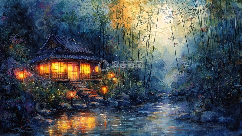 高清大图下载【趣麦麦图】林间小屋夜景