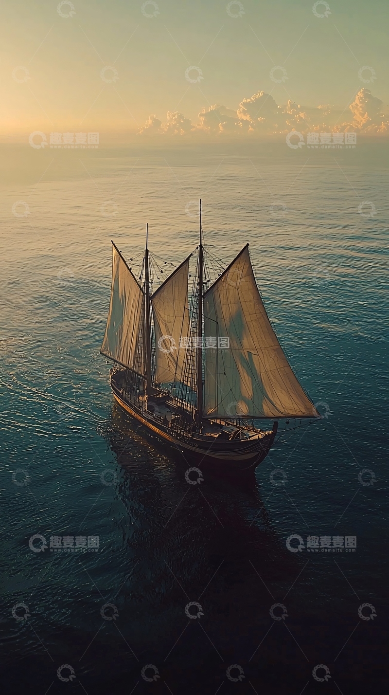 高清大图下载【趣麦麦图】航海复古帆船日落