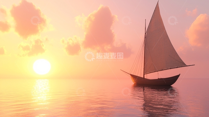 高清大图下载【趣麦麦图】夕阳西下帆船大海