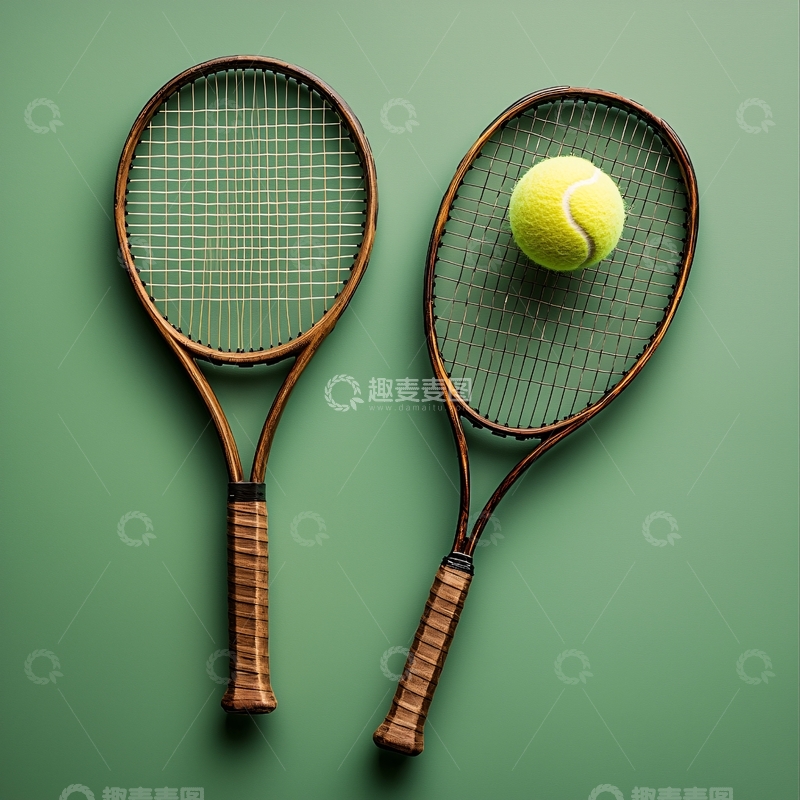 高清大图下载【趣麦麦图】网球拍和网球在绿色背景上