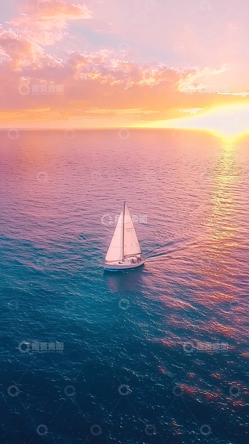高清大图下载【趣麦麦图】航行在日落海面的帆船