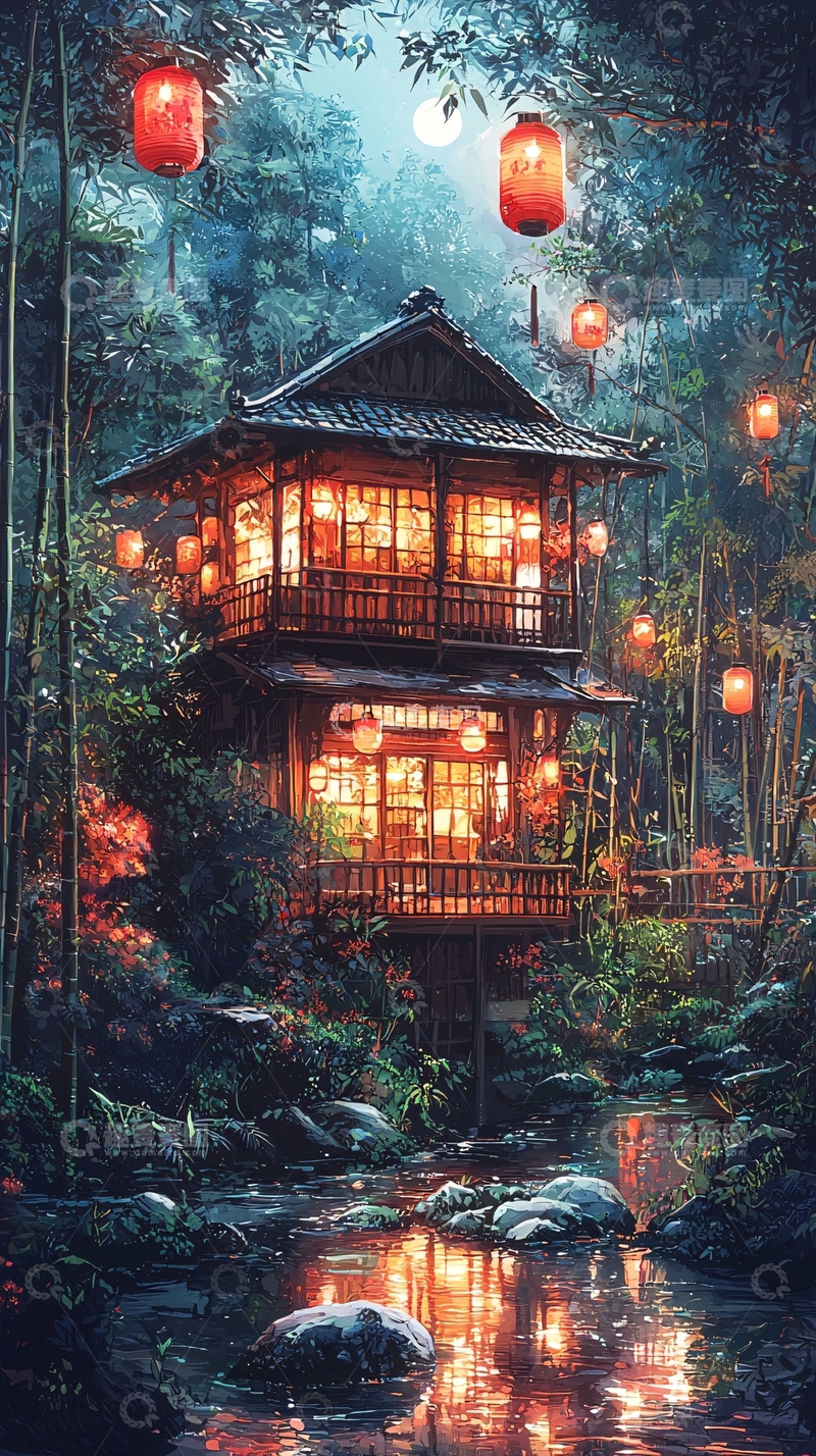 高清大图下载【趣麦麦图】森林小屋灯笼夜景