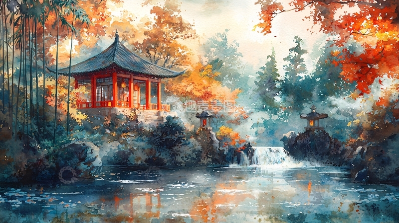 高清大图下载【趣麦麦图】秋日日式庭院风景画
