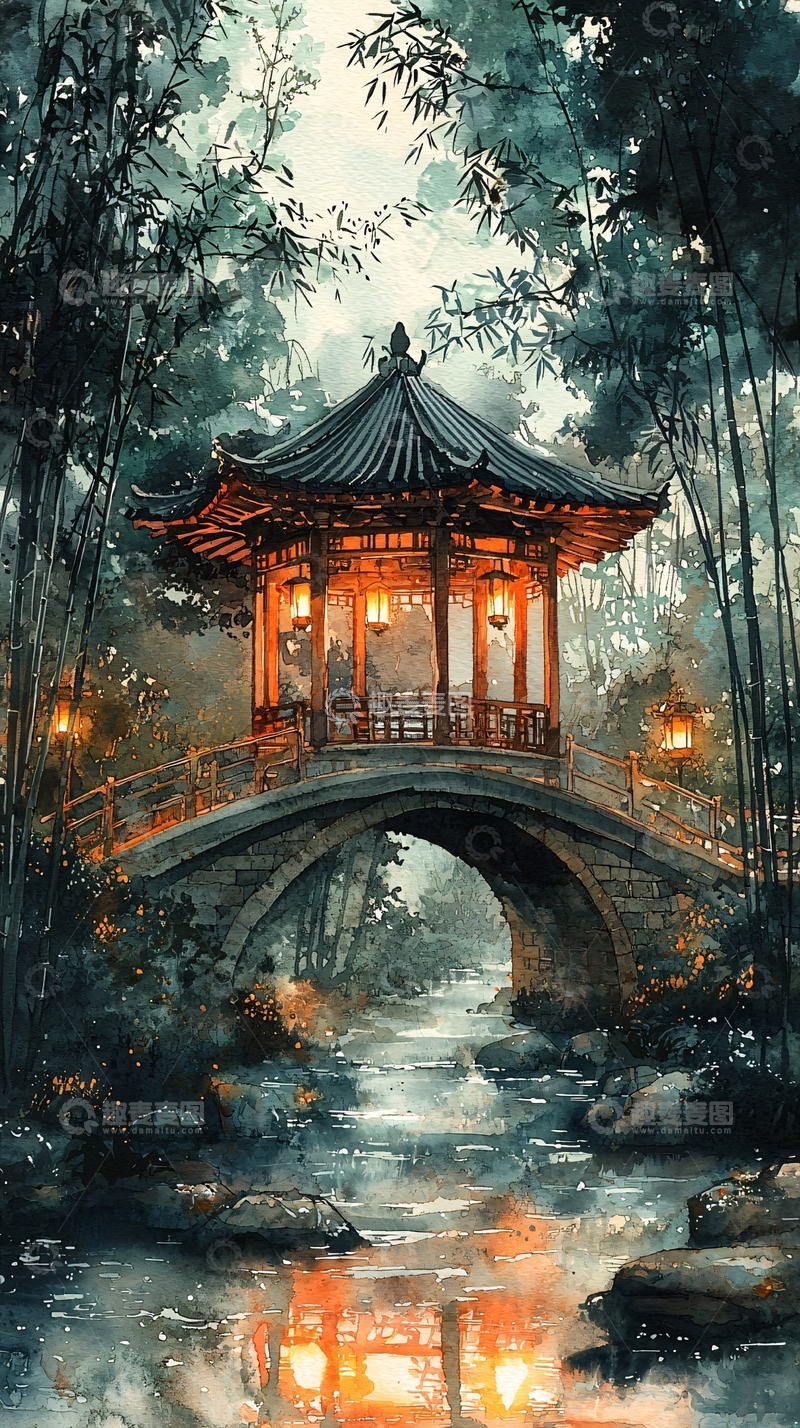 高清大图下载【趣麦麦图】水墨风桥亭夜景