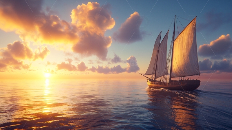 高清大图下载【趣麦麦图】夕阳下航行的帆船