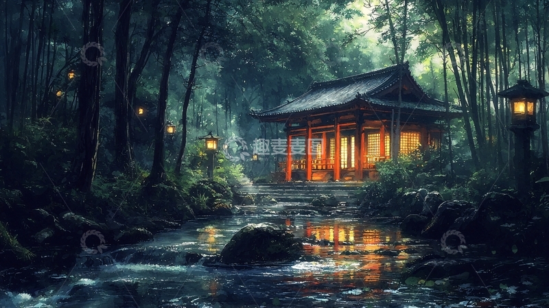 高清大图下载【趣麦麦图】日式小屋竹林流水夜景