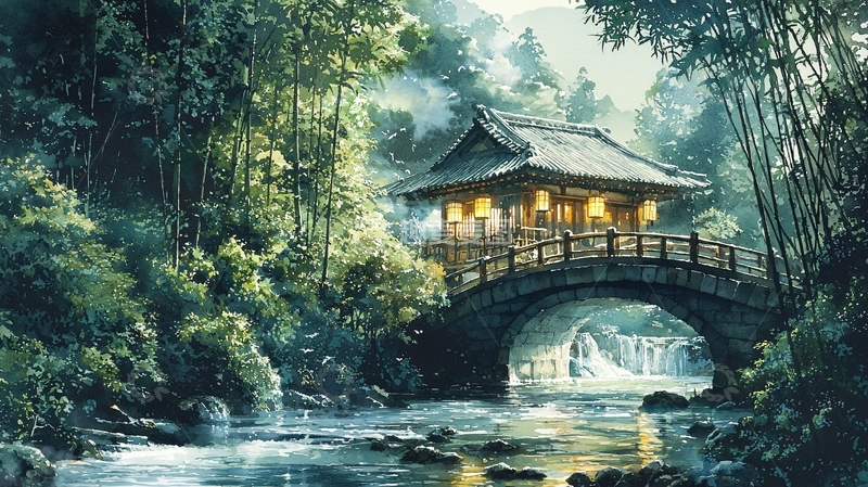 高清大图下载【趣麦麦图】水墨画风桥上小屋