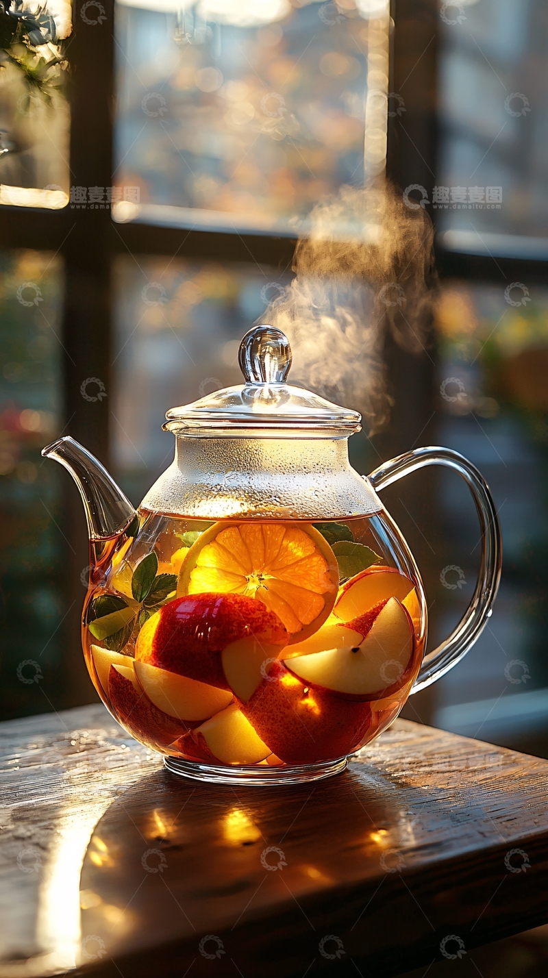 高清大图下载【趣麦麦图】阳光透过玻璃茶壶水果茶