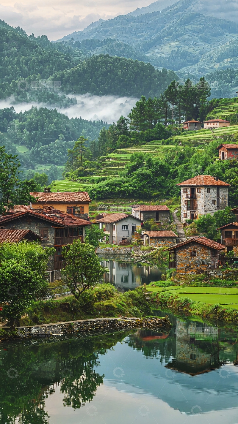 高清大图下载【趣麦麦图】山间小镇倒影