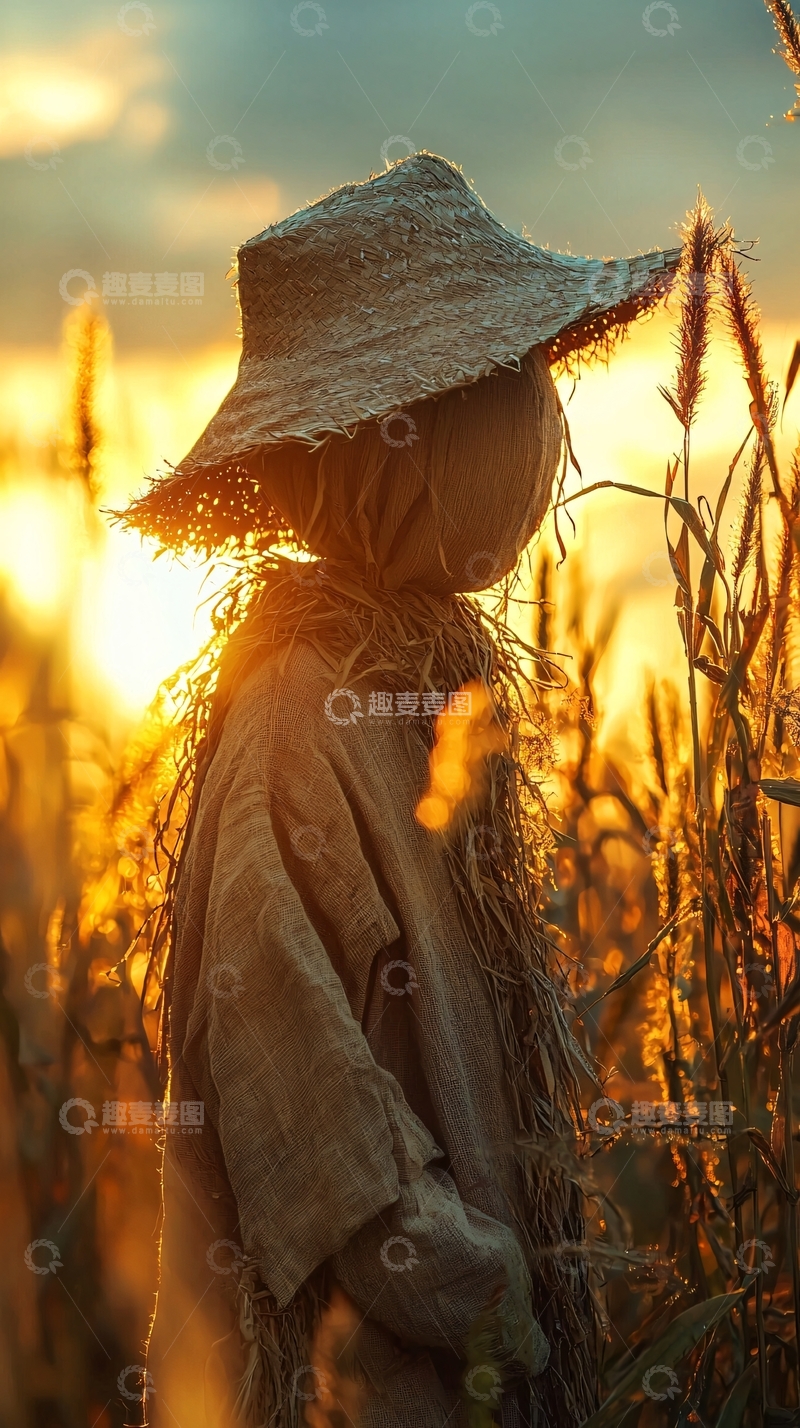 高清大图下载【趣麦麦图】夕阳下稻田里的稻草人
