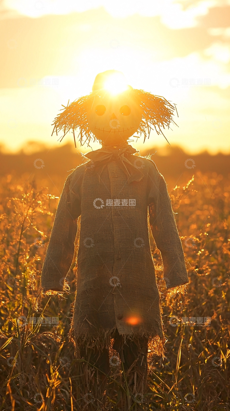 高清大图下载【趣麦麦图】夕阳下的稻草人
