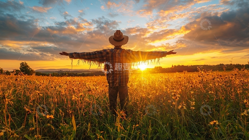 高清大图下载【趣麦麦图】稻草人日落剪影