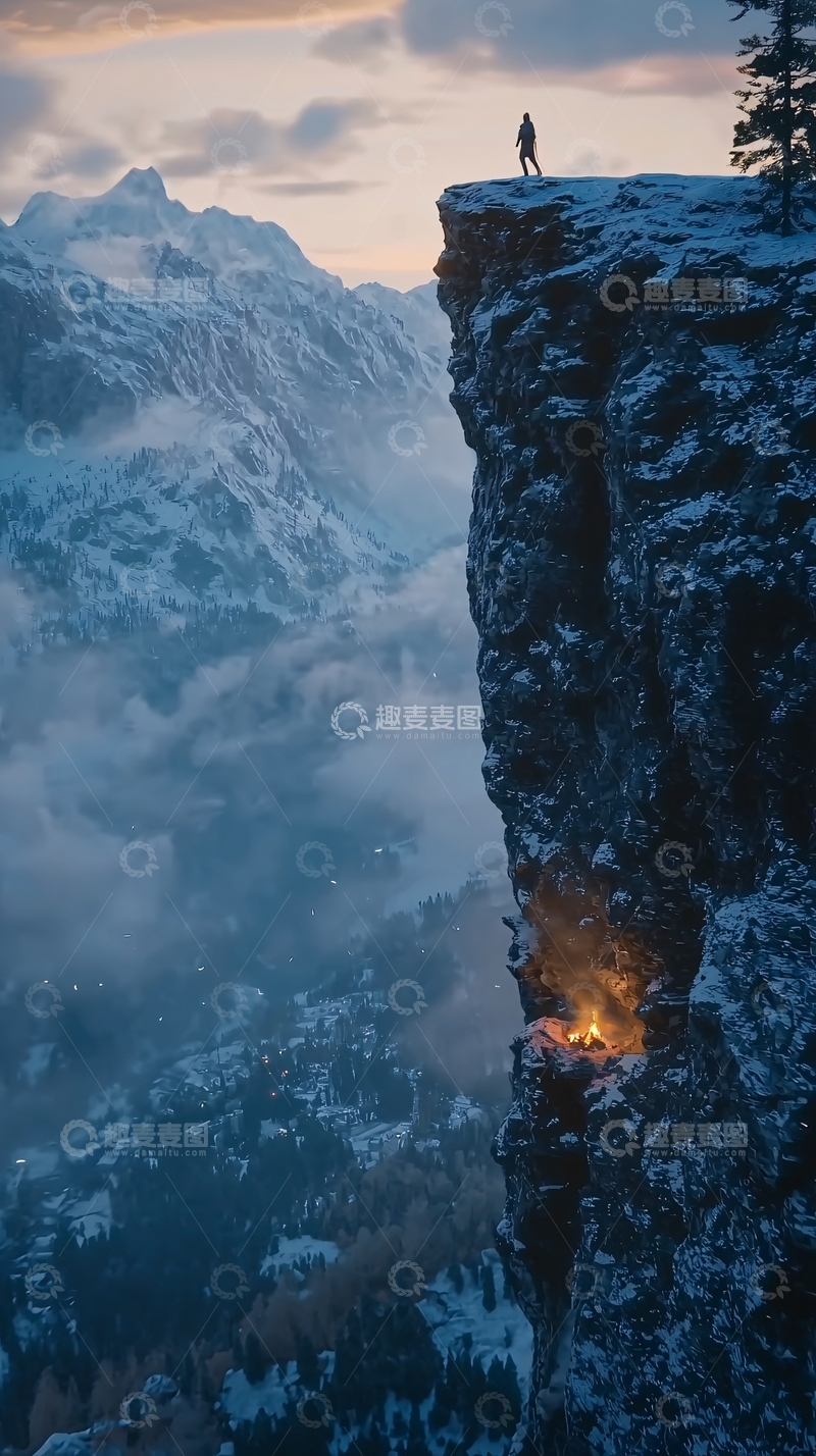高清大图下载【趣麦麦图】雪山悬崖峭壁篝火