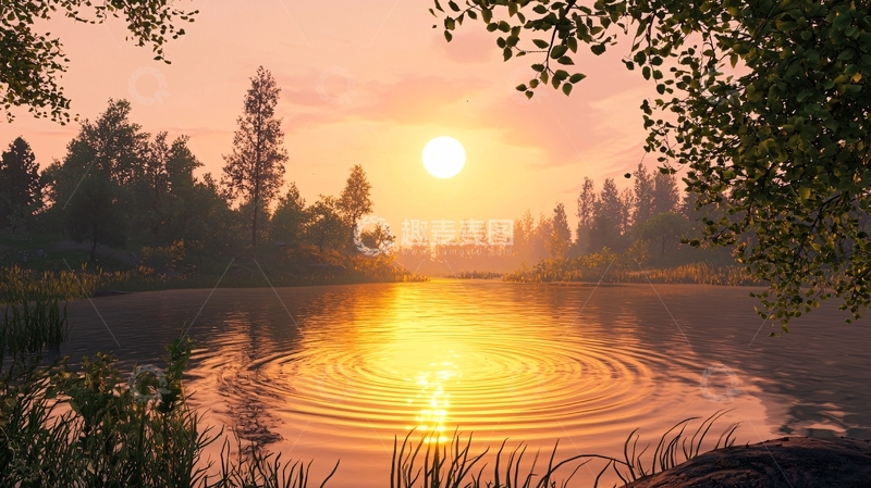 高清大图下载【趣麦麦图】夕阳西下湖面涟漪