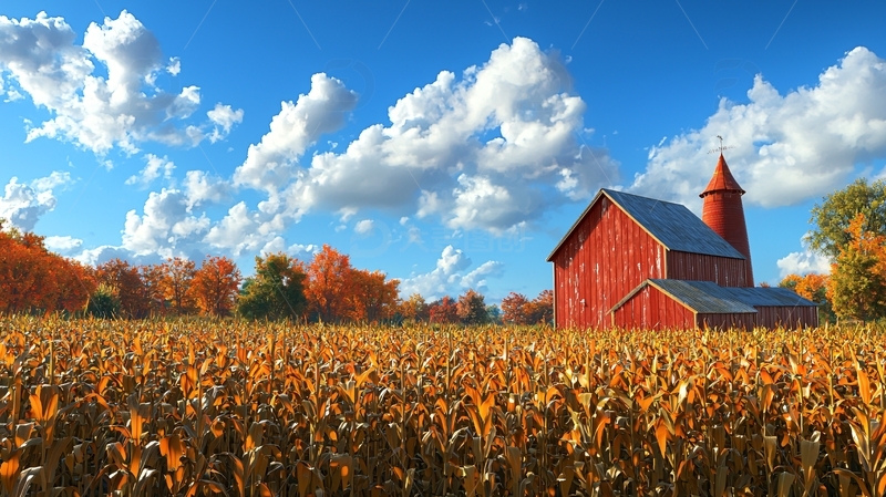 高清大图下载【趣麦麦图】秋日红谷仓田园风光