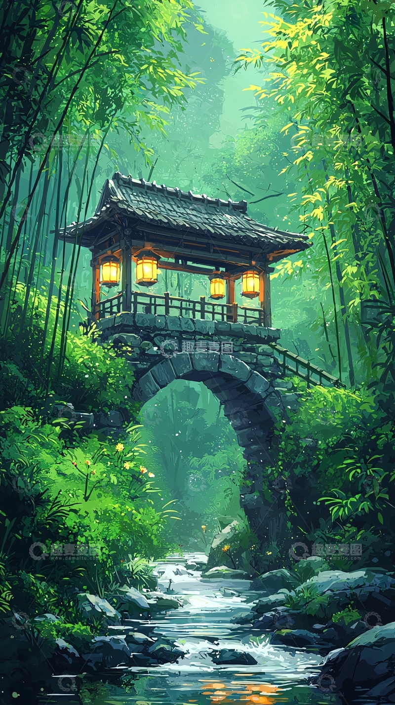 高清大图下载【趣麦麦图】翠竹掩映下的石桥凉亭