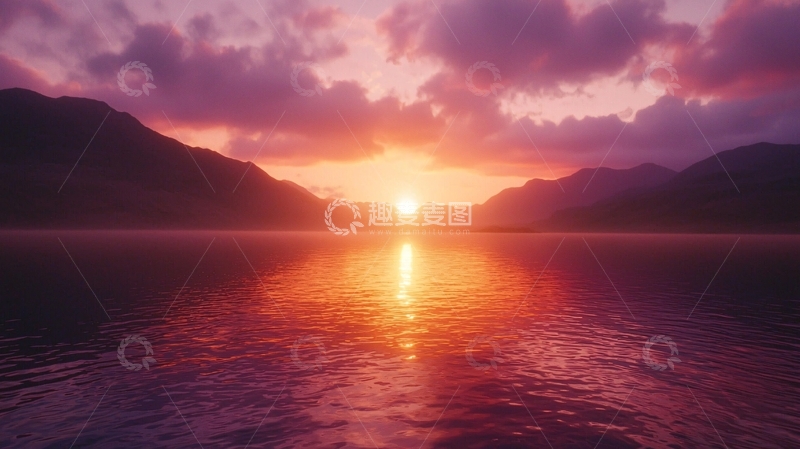 高清大图下载【趣麦麦图】紫霞辉映山峦湖泊日落