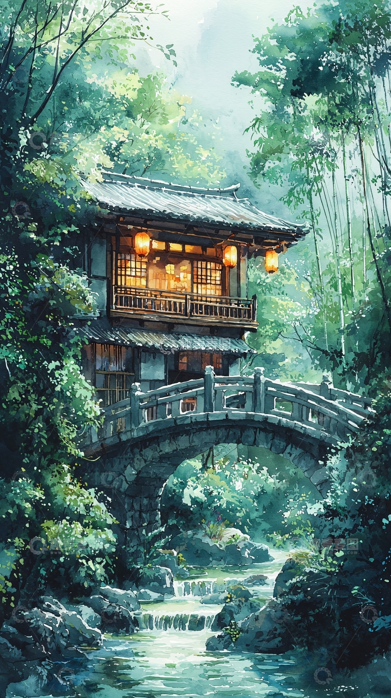 高清大图下载【趣麦麦图】山林小屋流水桥