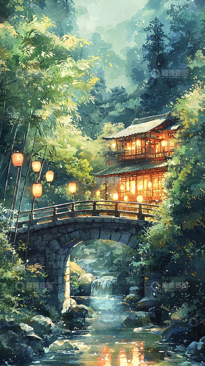 高清大图下载【趣麦麦图】唯美水彩风山间小屋