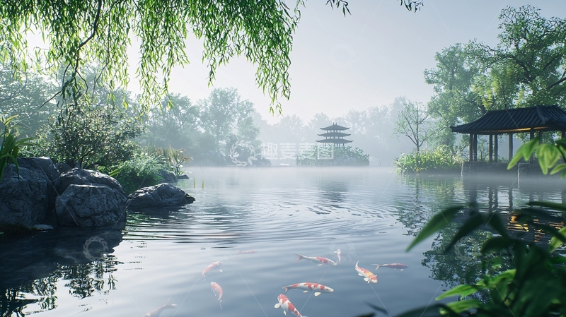 高清大图下载【趣麦麦图】清晨雾气中式园林