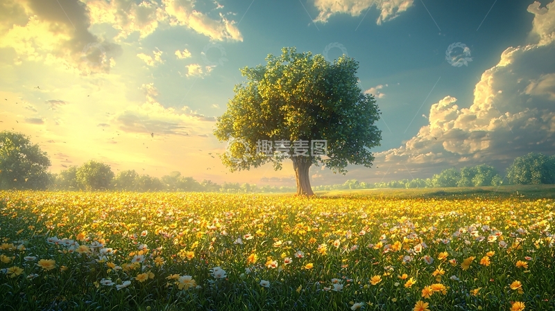 高清大图下载【趣麦麦图】阳光明媚的花田树木