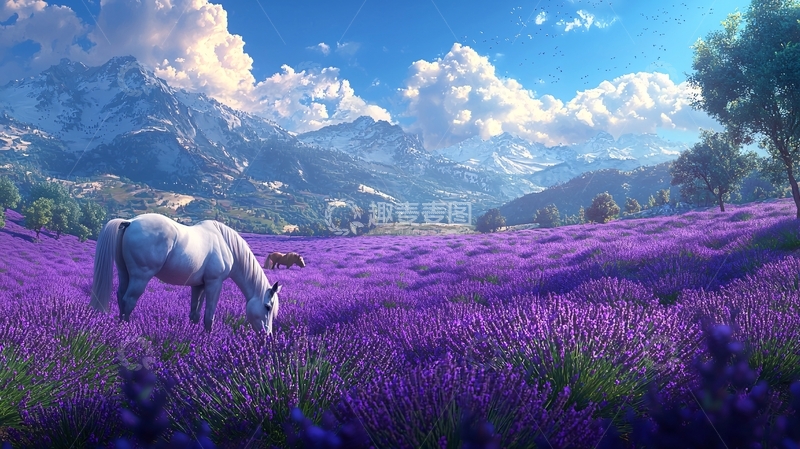高清大图下载【趣麦麦图】薰衣草田中的白马