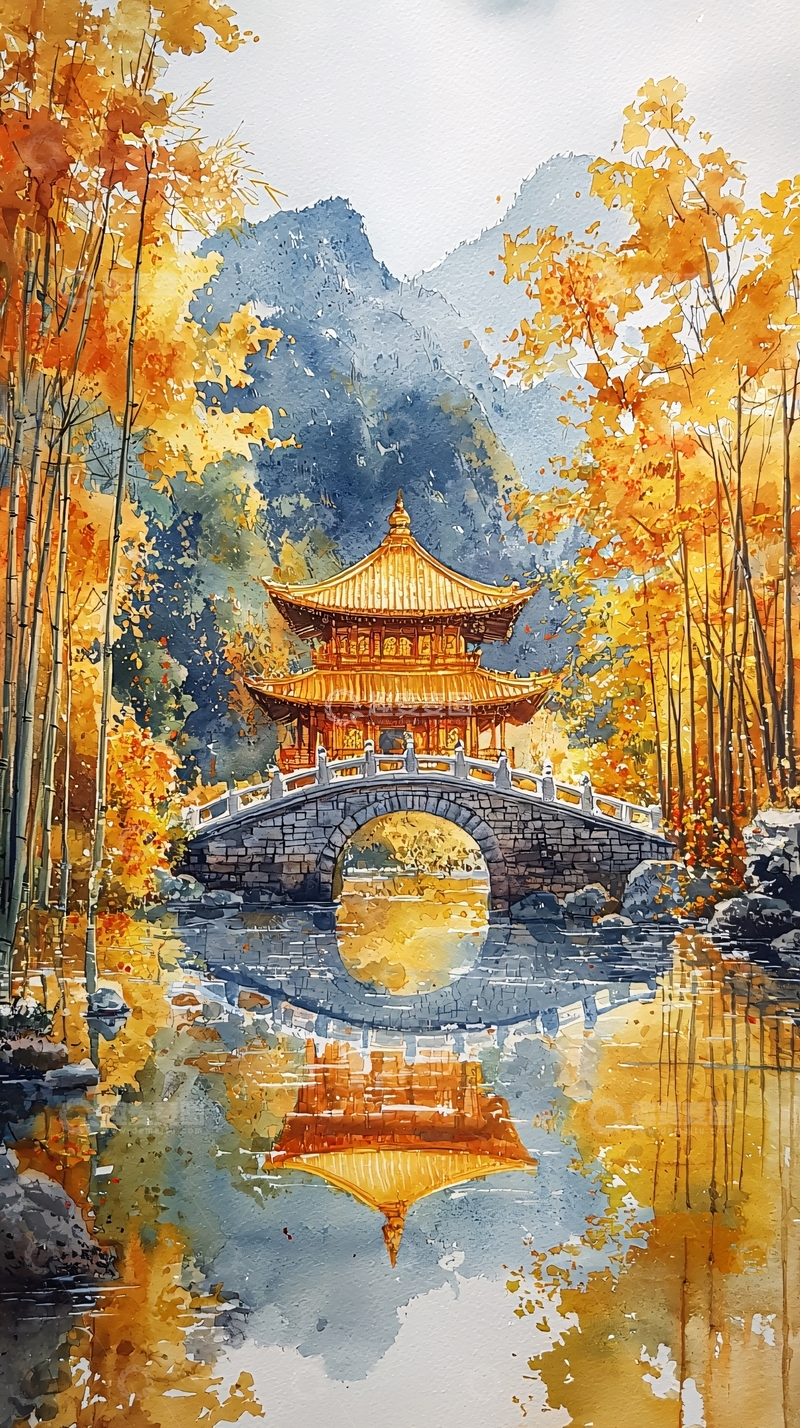 高清大图下载【趣麦麦图】秋日古桥楼阁山水画