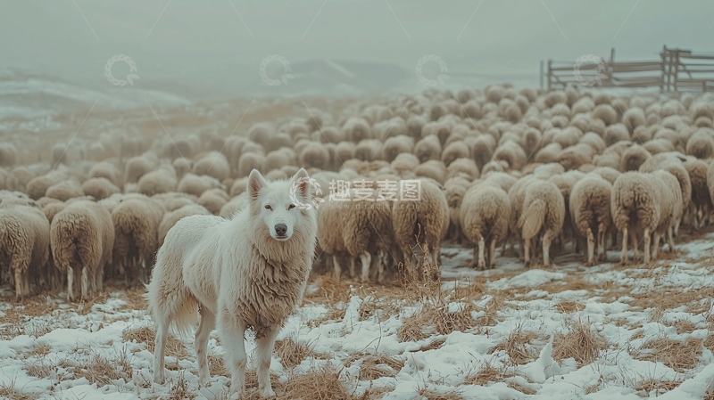高清大图下载【趣麦麦图】雪地牧羊犬守护羊群
