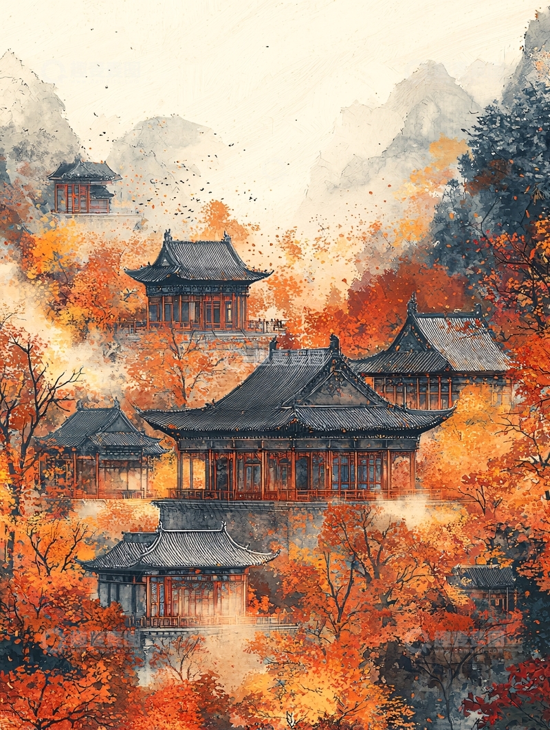 高清大图下载【趣麦麦图】秋日山间古建筑群
