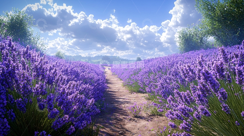 高清大图下载【趣麦麦图】紫色薰衣草田与蓝天白云
