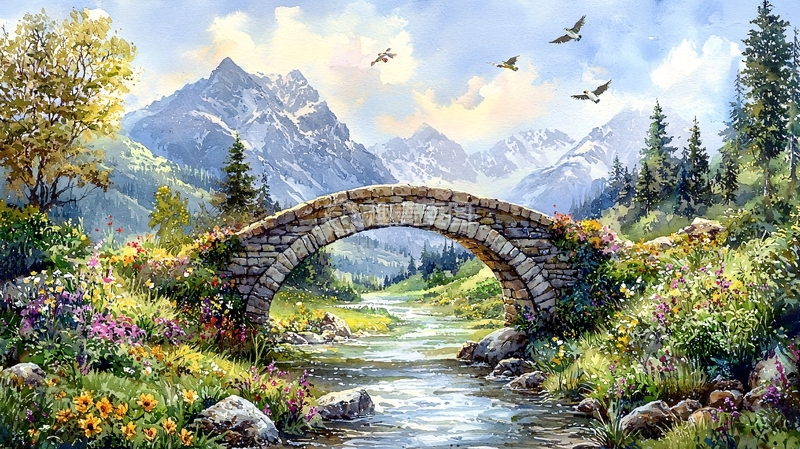 高清大图下载【趣麦麦图】石桥流水风景如画