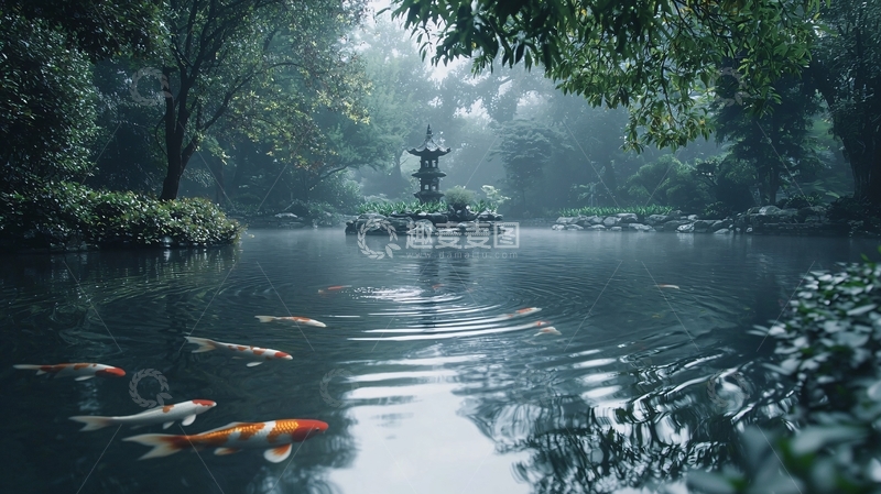 高清大图下载【趣麦麦图】雾气弥漫的日式庭院