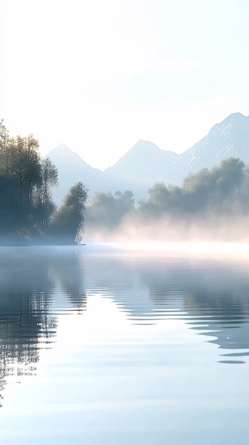 清晨薄雾山湖倒影