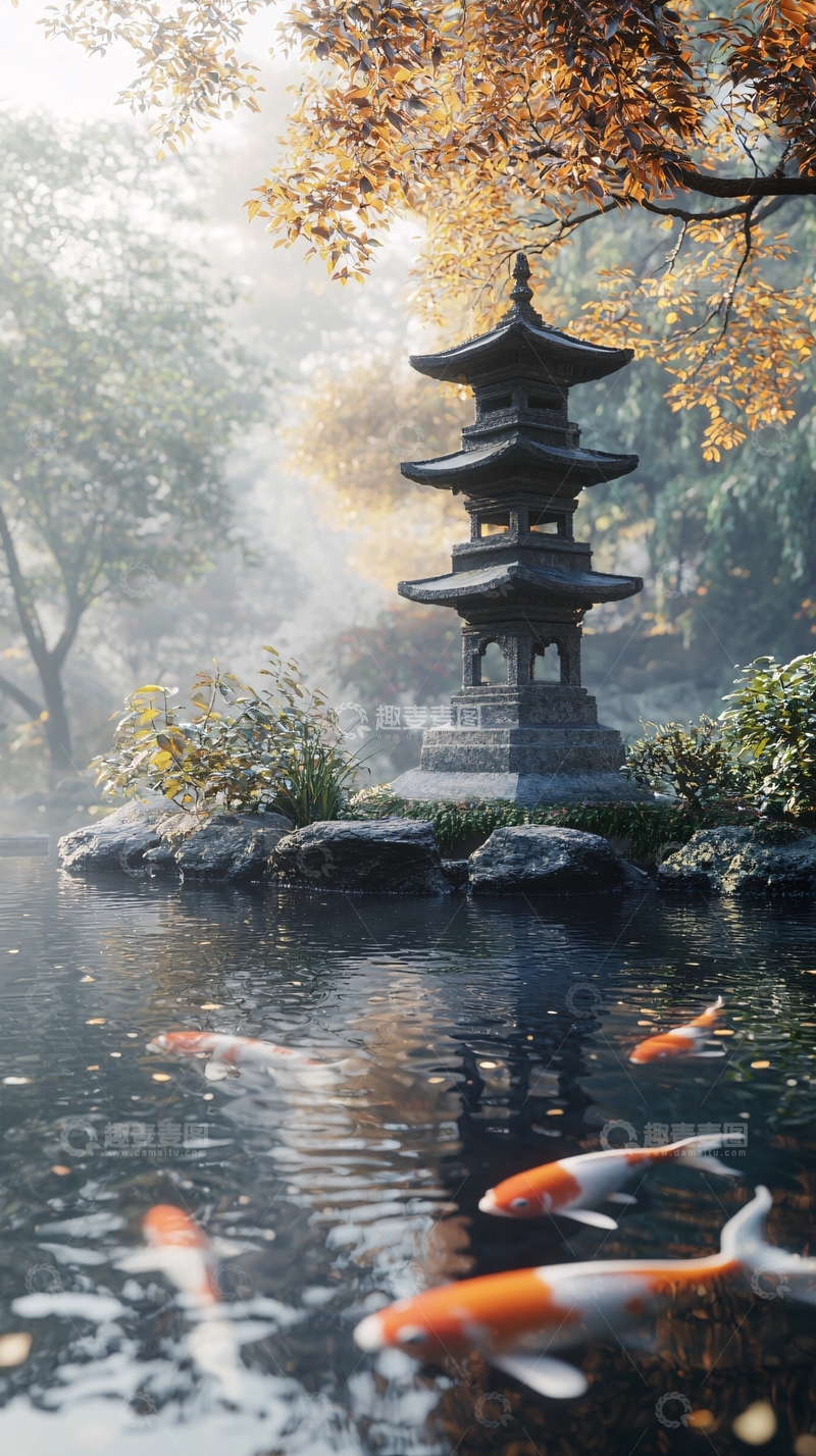 高清大图下载【趣麦麦图】秋日清晨雾气缭绕的日式庭院