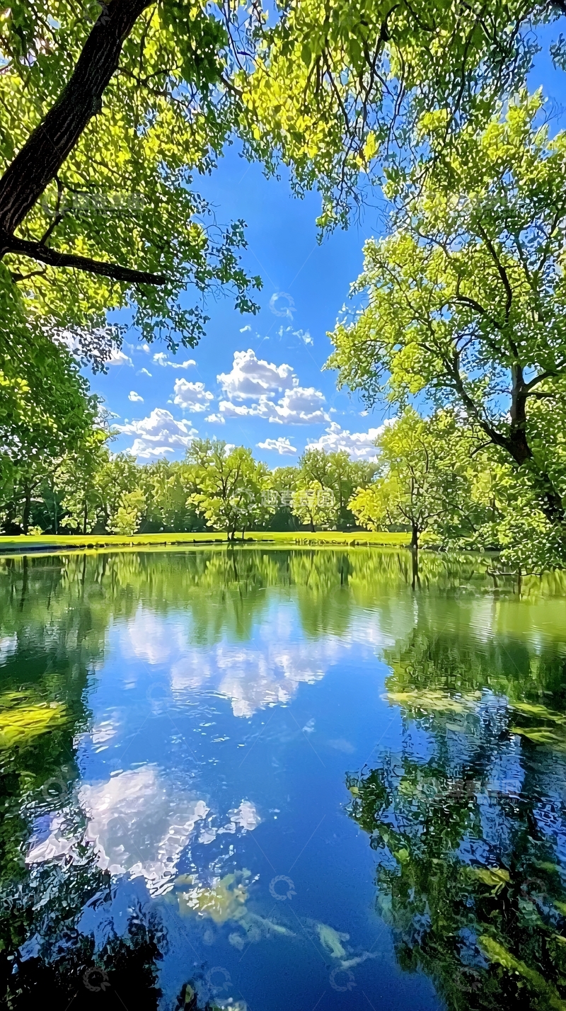 高清大图下载【趣麦麦图】树木倒影碧水蓝天