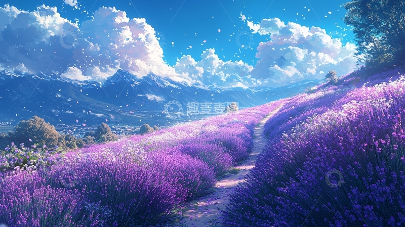 高清大图下载【趣麦麦图】薰衣草花田与雪山蓝天白云