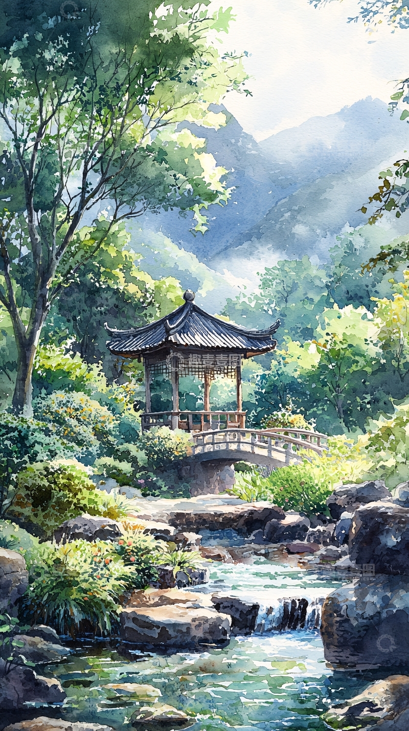 高清大图下载【趣麦麦图】水彩亭子山水画