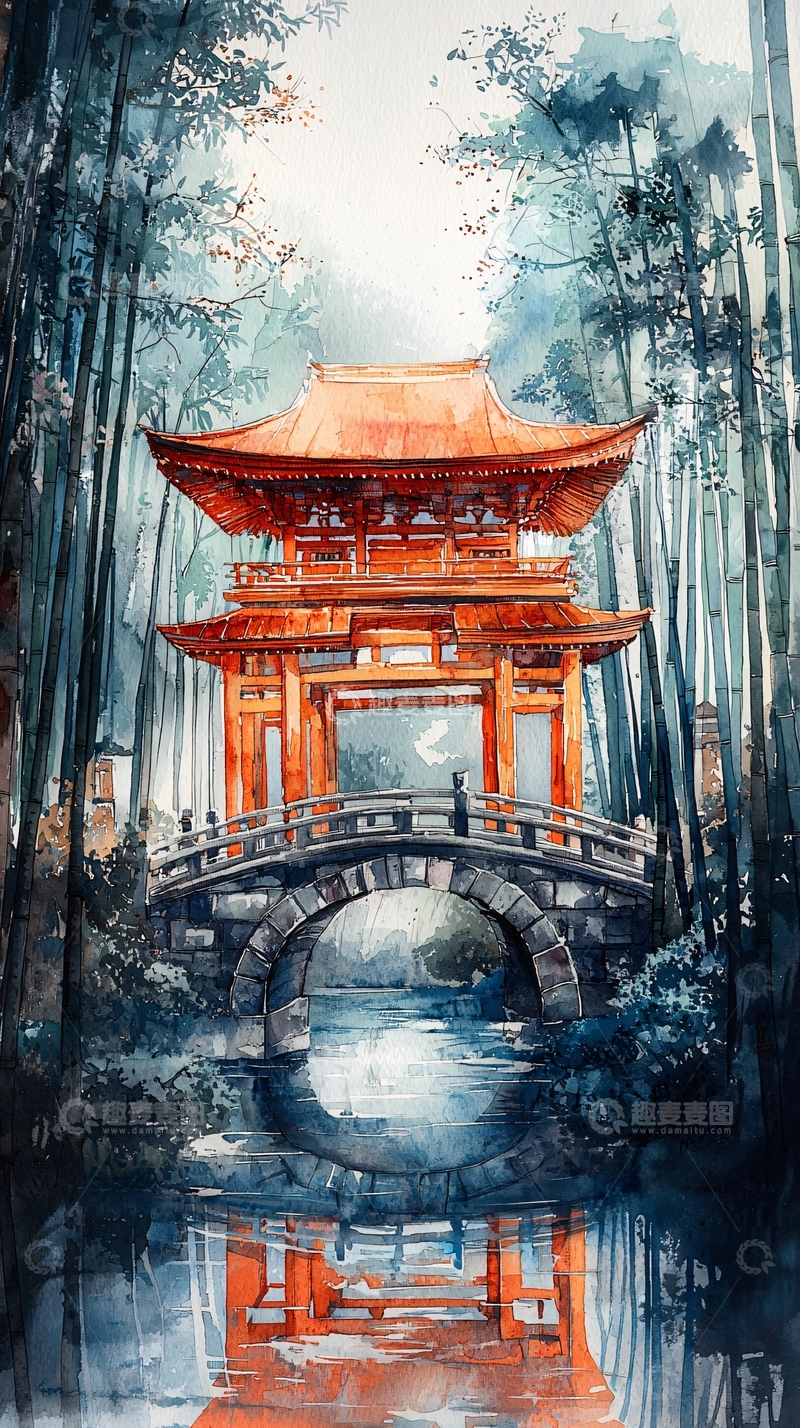 高清大图下载【趣麦麦图】红色宝塔立于竹林水面倒影