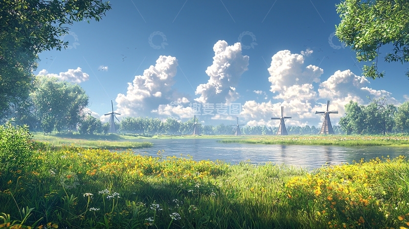 高清大图下载【趣麦麦图】风车点缀的田园风光