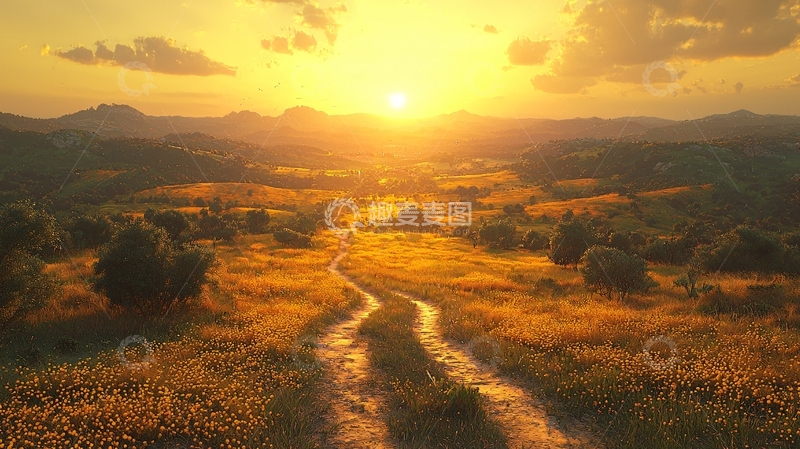 高清大图下载【趣麦麦图】金色夕阳下的田园风光