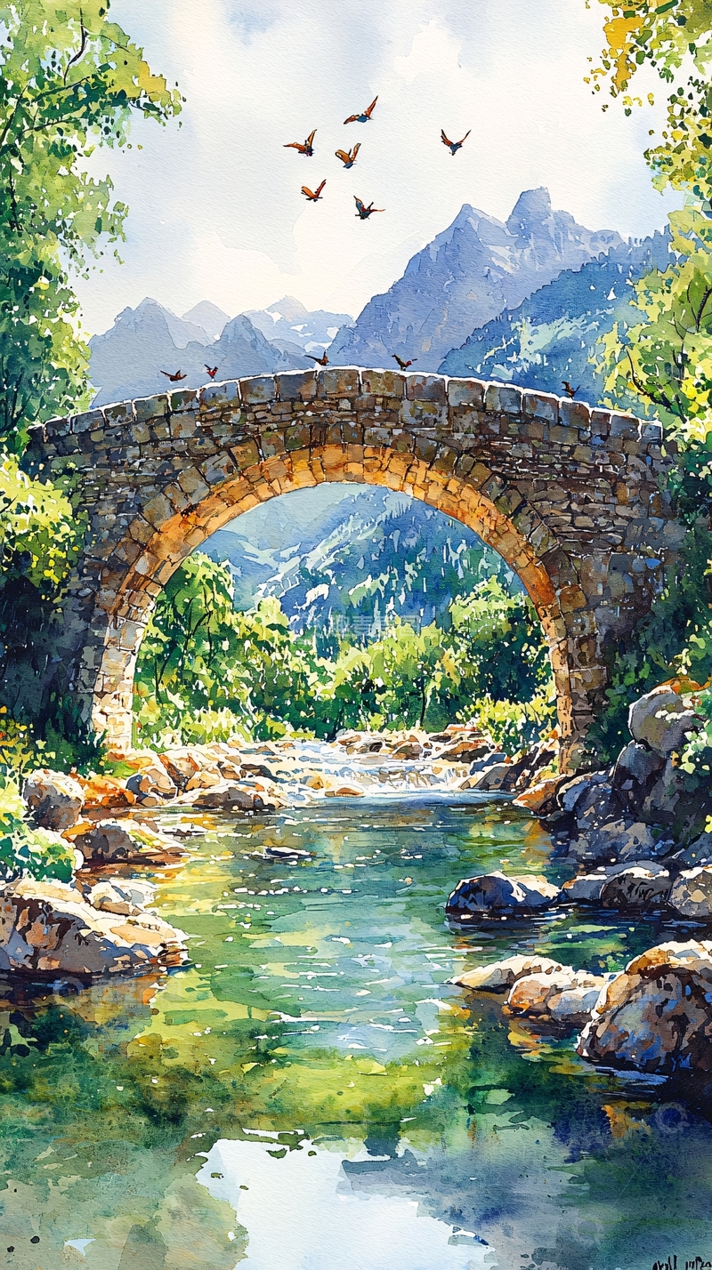 高清大图下载【趣麦麦图】石桥流水飞鸟山峦的风景画