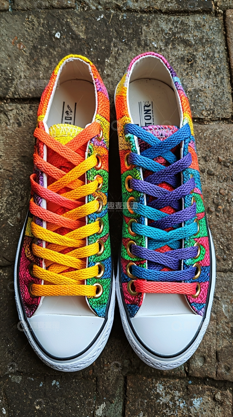 高清大图下载【趣麦麦图】彩虹条纹帆布鞋
