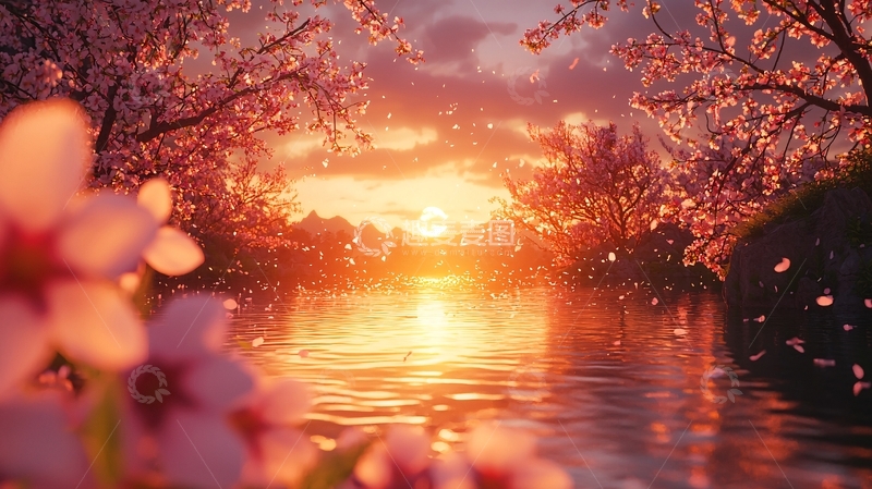 高清大图下载【趣麦麦图】夕阳下的樱花河畔