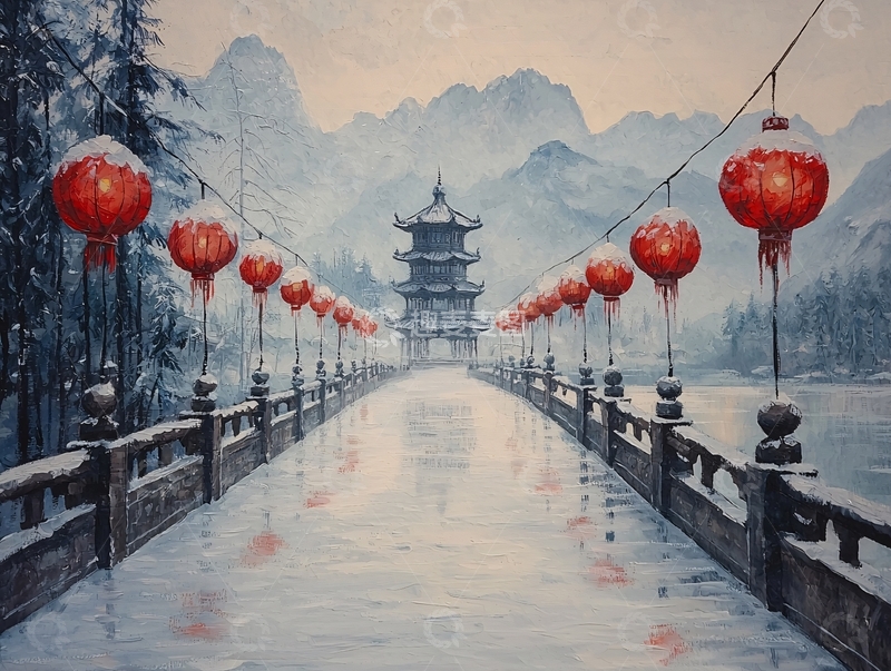高清大图下载【趣麦麦图】雪景古桥红灯笼