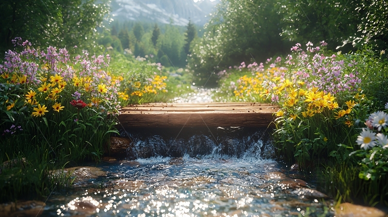 小溪流过鲜花盛开的草地