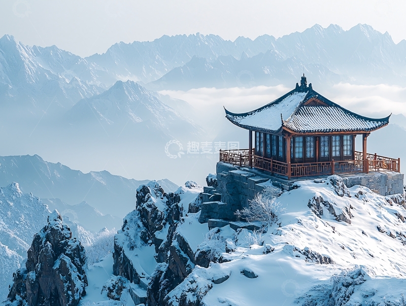 高清大图下载【趣麦麦图】雪山上的中国传统亭子